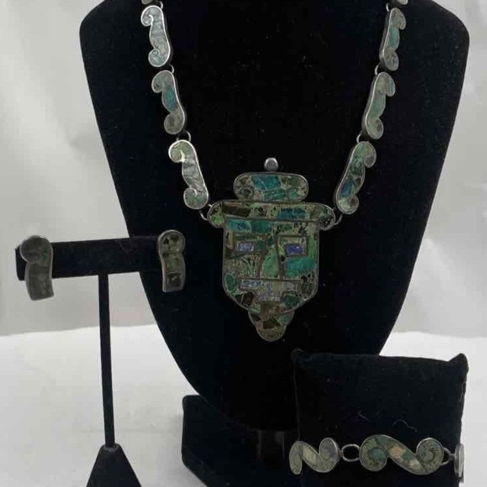 Vintage Aztec Matan mask bracelet earrings mosaic inlay MBS Taxco Cuernavaca